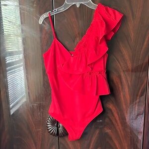 Express Asymmetrical Red Bodysuit with Ruffle Detail